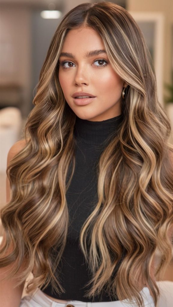  Model with shiny sandy brown hair styled in loose waves under sunlight

