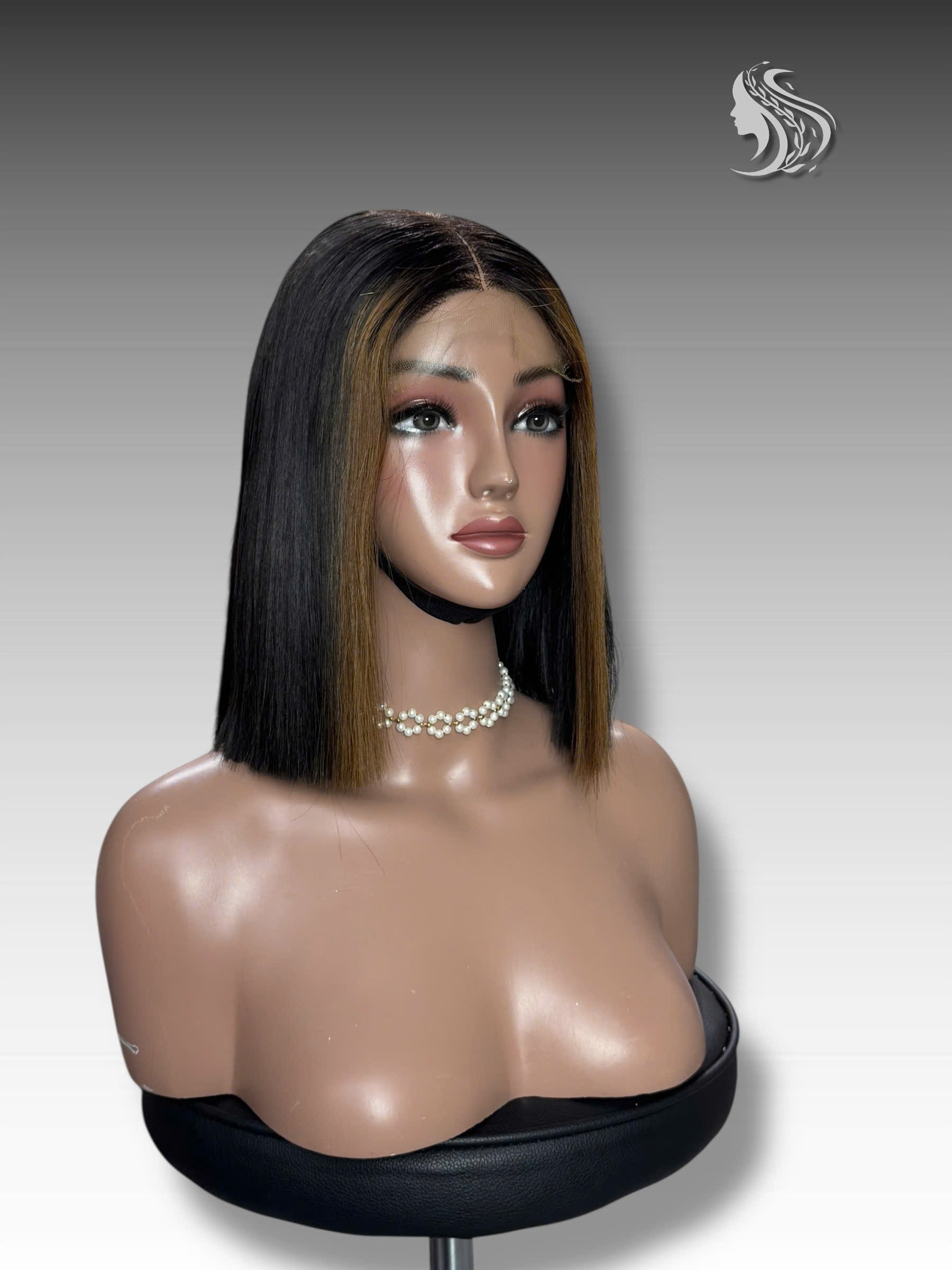 10 Inch Wig Black With Highlight Color 220 grams Human Hair Lace Wig – Custom Color & Style