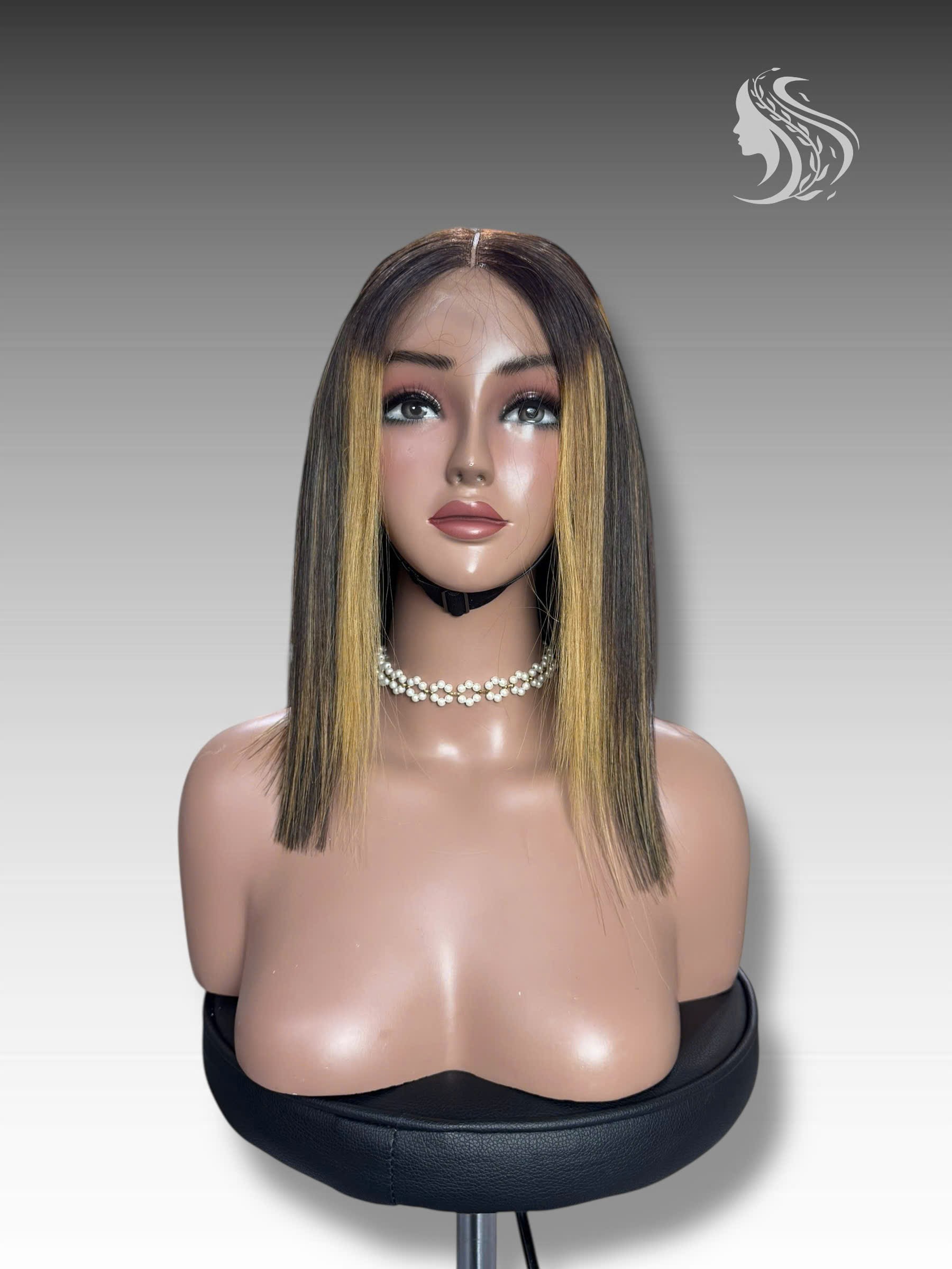 14 Inch Wig Brown With Highlight Color 250 grams Human Hair Lace Wig