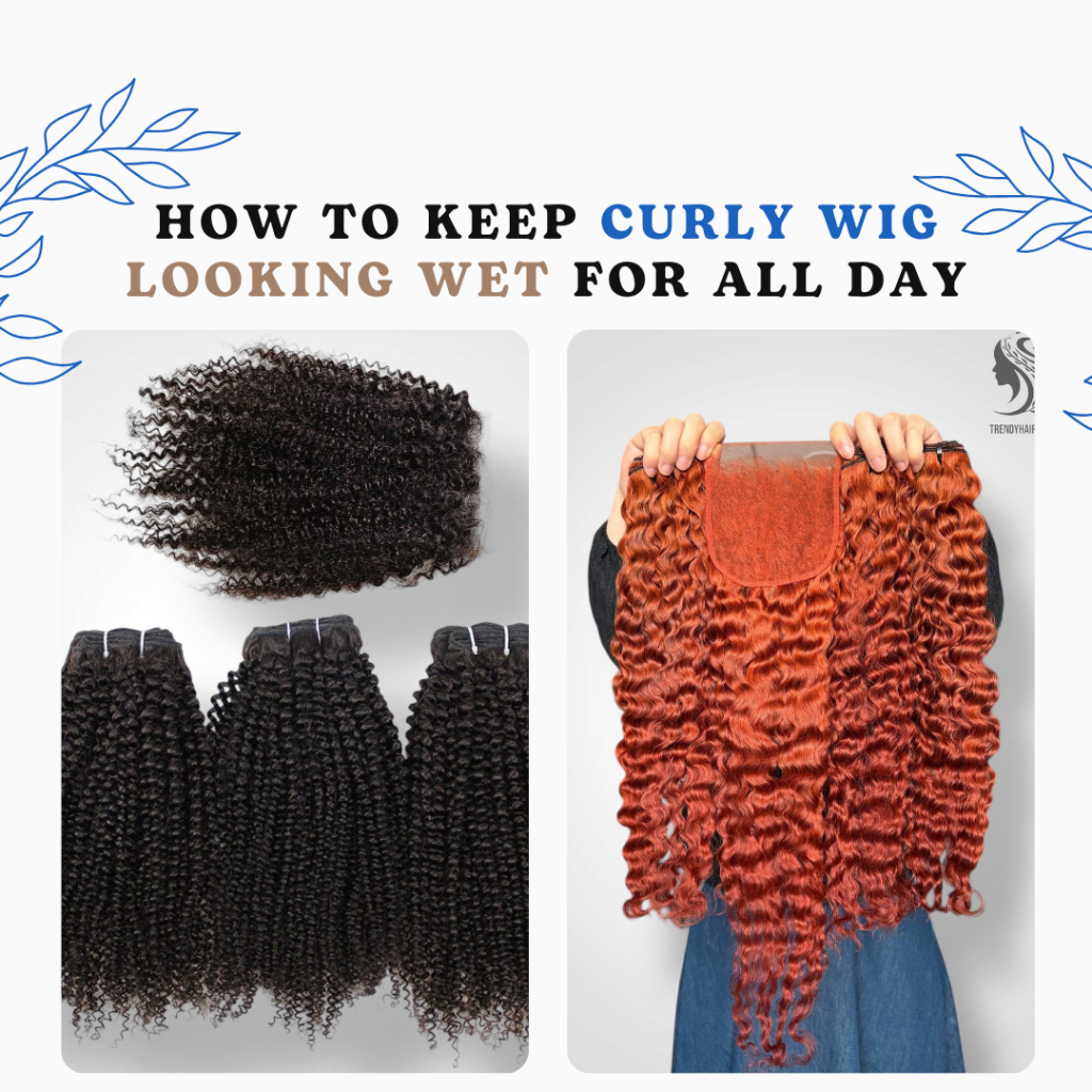 Curly wig with shiny, wet-look finish under natural light