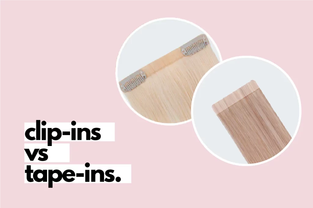 A side-by-side comparison of Clip-In vs Tape-In Hair Extensions showing texture and application style